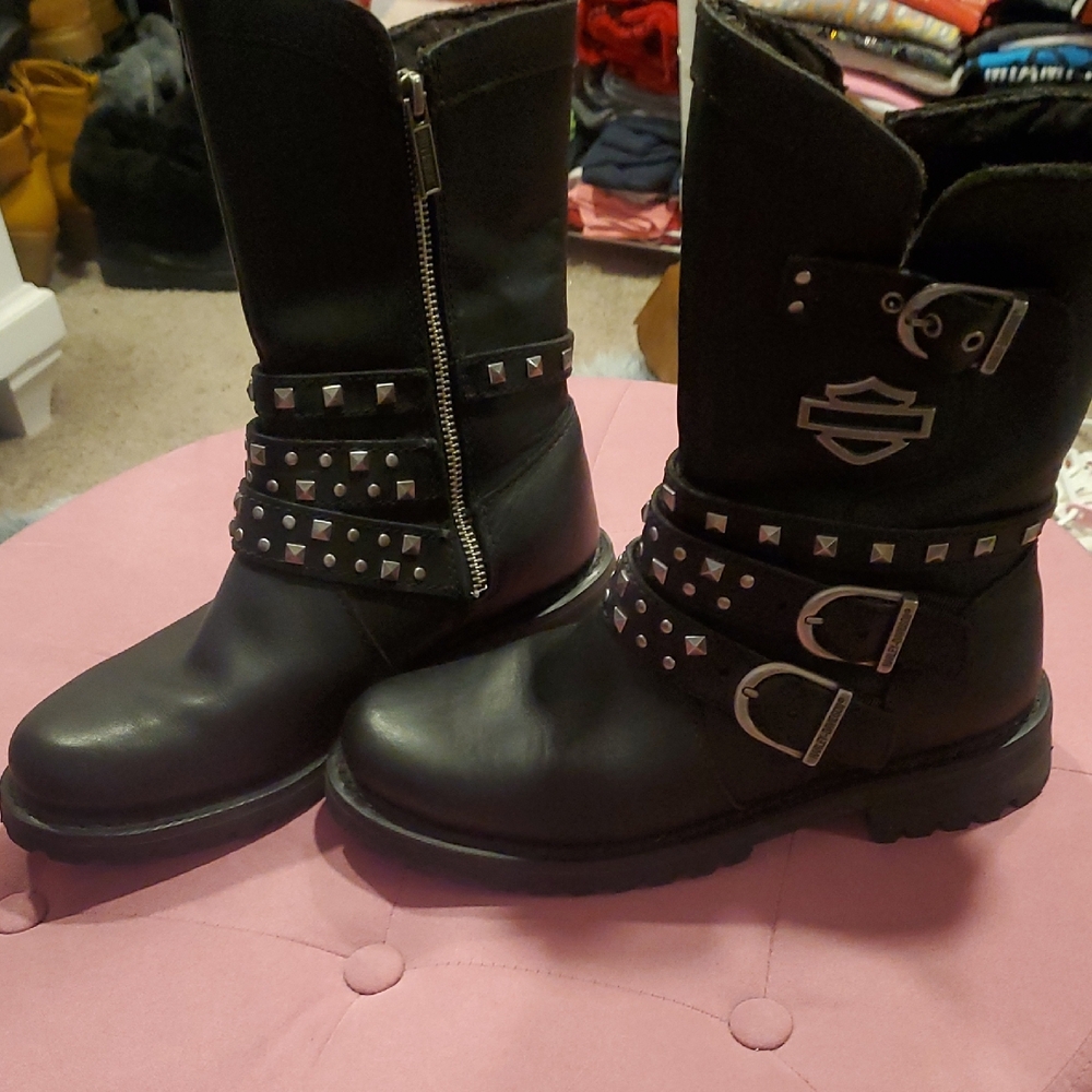 Harley-Davidson Black Heeled Boots with Studded Straps